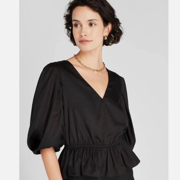 CLUB MONACO Waisted Balloon Sleeve Peplum Top, black, sz M - Picture 1 of 7
